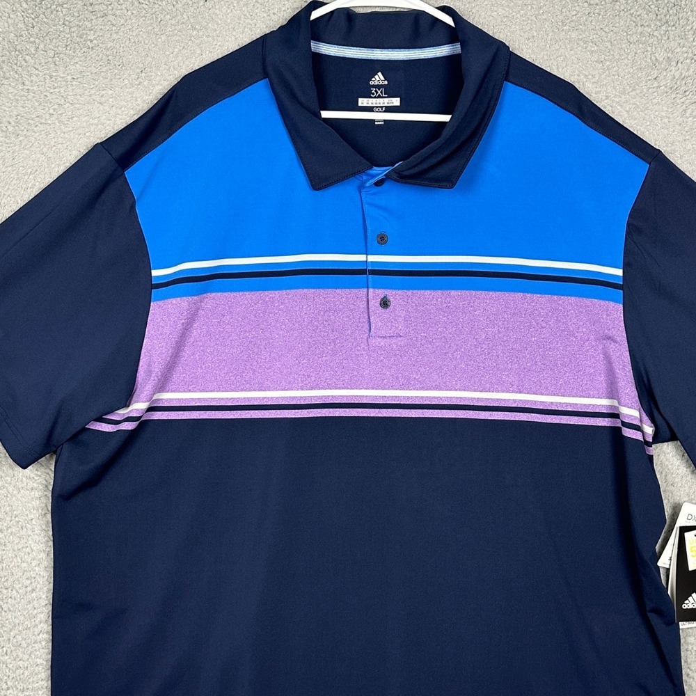 NEW Adidas Polo Shirt Mens 3XL Golf Performance Navy Blue Striped UPF 50 Rugby